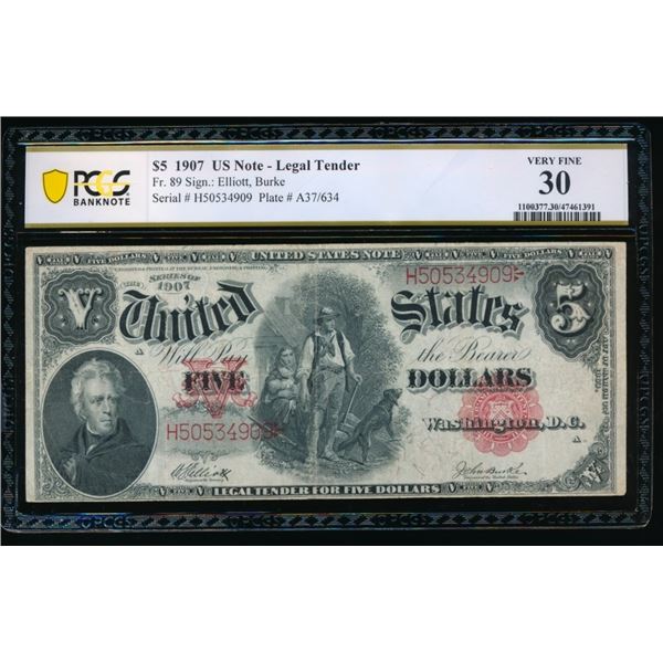 1907 $5 Mule Legal Tender Note PCGS 30