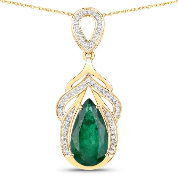14KT Yellow Gold 4.07ct Zambian Emerald and Diamond Pendant with Chain