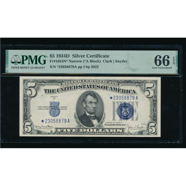 1934D $5 STAR Silver Certificate PMG 66EPQ