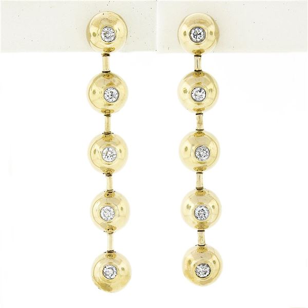 Vintage 14K Gold.6 ctw Bezel Diamond Polished Bead Ball Long Drop Dangle Earring