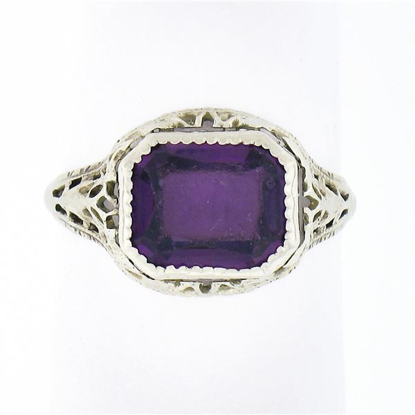 Antique Art Deco 10K Gold Bezel Amethyst Solitaire w/ Open Filigree Petite Ring