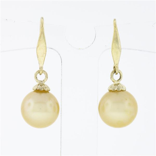 Vintage 14K Yellow Gold Round Cultured Pearl Solitaire Drop Dangle Earrings