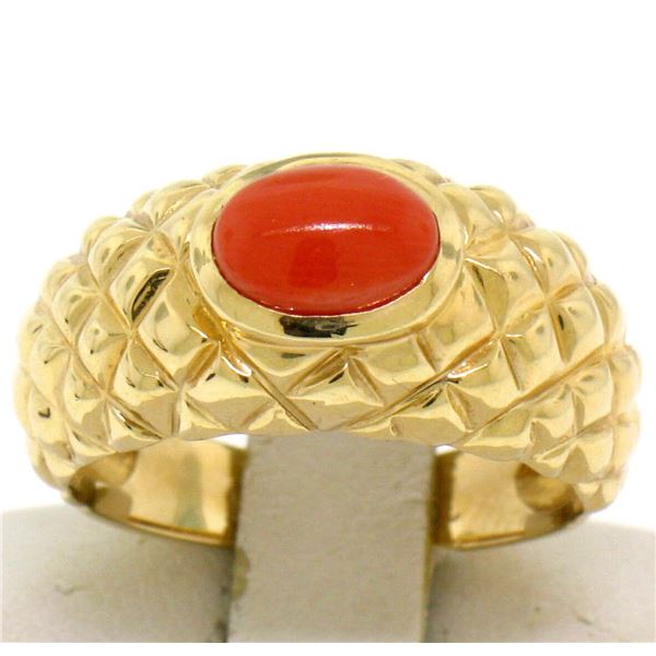 14k Yellow Gold NICE Oval Cabochon Bezel Set Coral Domed Quilted Texture Ring