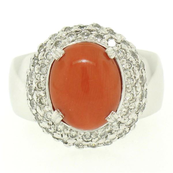 14k White Gold Oval Cabochon Red Coral Ring w/ 2.10 ctw Diamond Halo