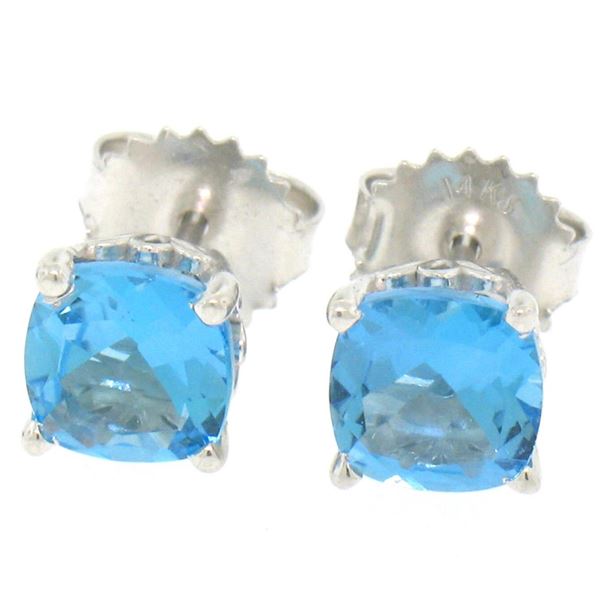 NEW 14k White Gold Cushion Cut Natural Swiss Blue Topaz Solitaire Stud Earrings