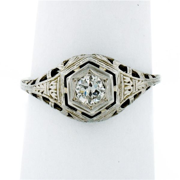 Antique Art Deco 18k Gold 0.26 ctw European Diamond Solitaire Etched Filigree Ri