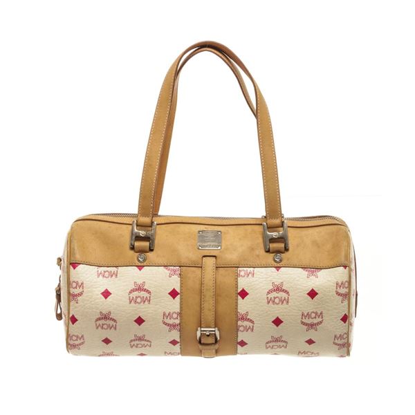 MCM Duffle Mini In White/Tan Coated Canvas Shoulder Bag