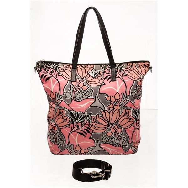 Prada Pink Nylon Saffiano Tessuto Flower Print 2Way Tote Bag