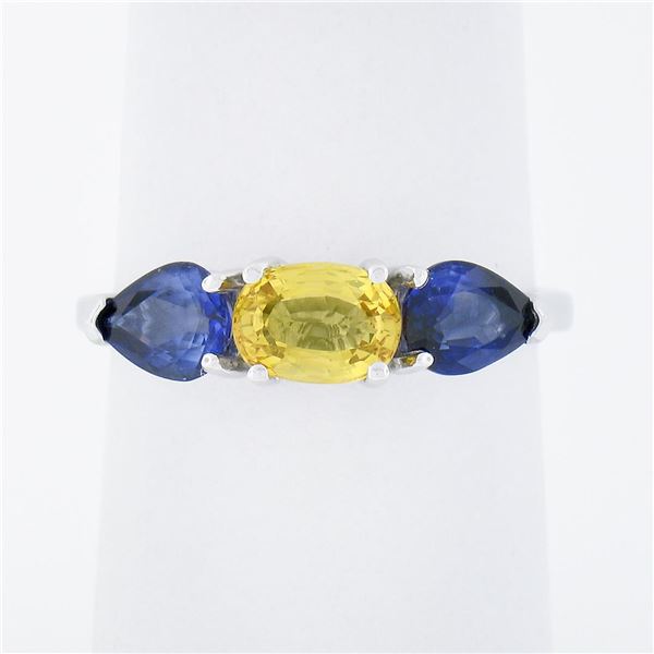 14k White Gold 2.25 ctw Oval Yellow & Pear Cut Blue Sapphire Three 3 Stone Ring