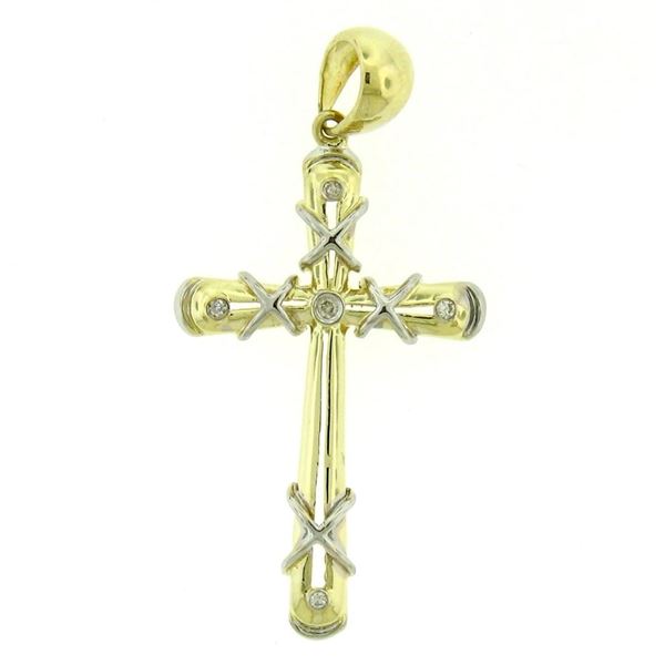 14k Solid Two Tone Gold 0.07 ctw Round Brilliant Bezel Set Diamond Cross Pendant