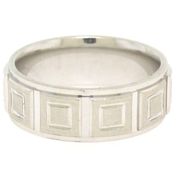 Men's 14k Solid White Gold Comfort Fit Dual Finish Coffered Band Ring Size 7