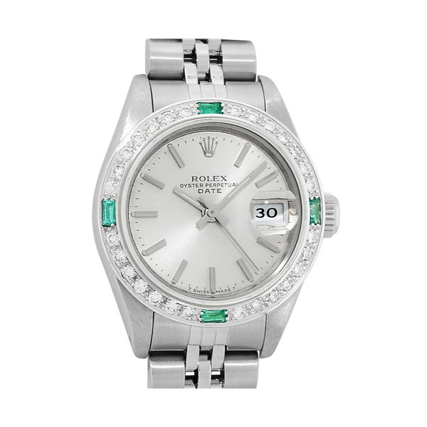 Rolex Ladies Quickset Stainless Steel 18K White Gold Diamond & Emerald Bezel Sil