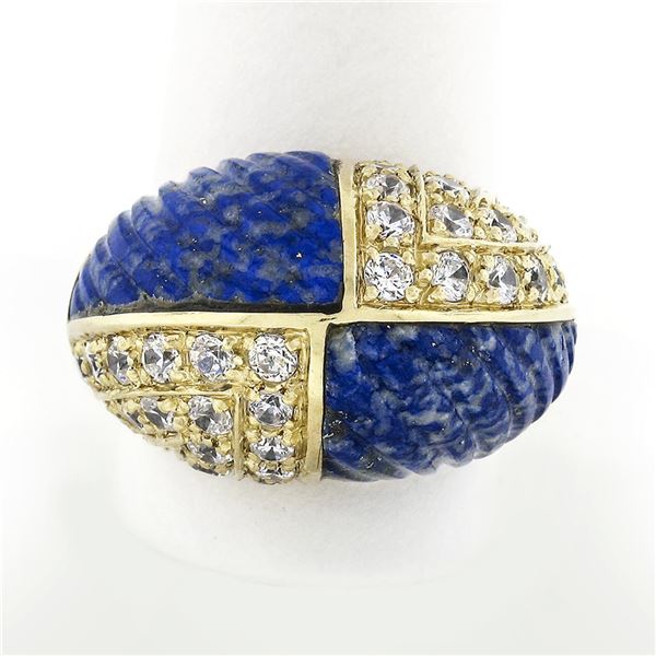 Vintage 18k Gold 1.92 ctw Carved Lapis & Round Diamond 4 Section Dome Bombe Ring