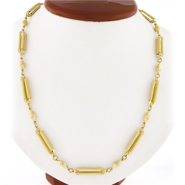 Fancy 14K Gold 29  Grooved Oval Bead Textured Open Bar Link Long Chain Necklace