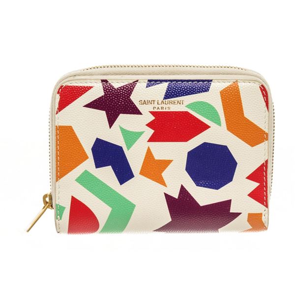 YSL Saint Laurent White Multicolor Pebbled Leather Compact Zippy Wallet