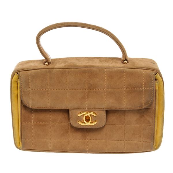 Chanel Beige Quilted Suede Chocolate Bar CC Top Handle Bag (CC Snap Replaced)