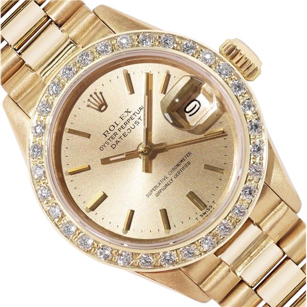 Rolex Ladies Quickset 18K Yellow Gold Diamond Bezel President 26MM