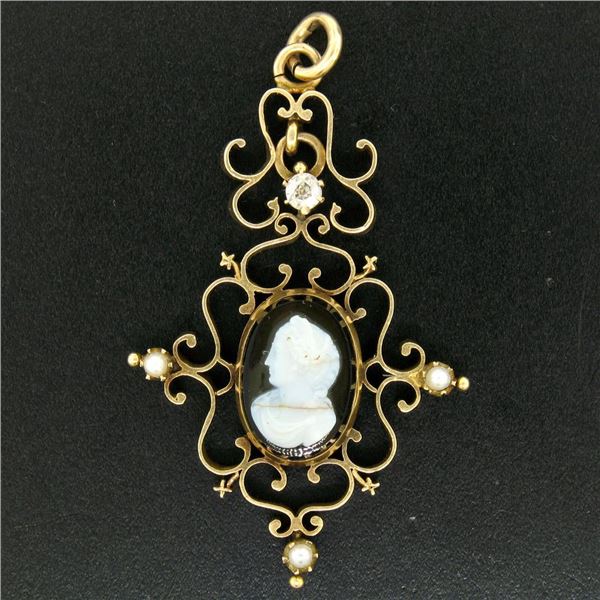 Antique Victorian 14k Yellow Gold Cameo and Diamond Open Work Locket Pendant