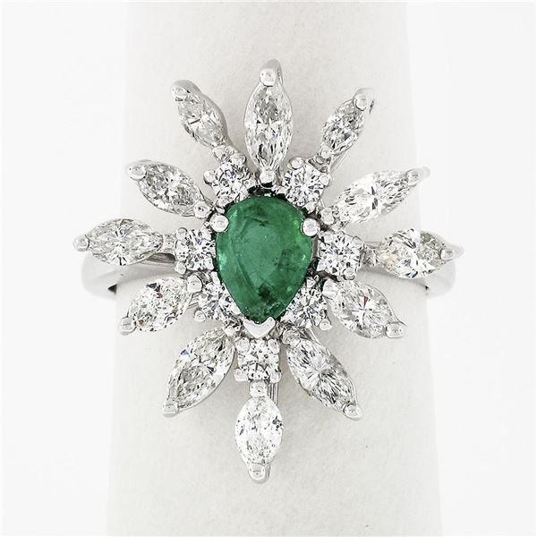 Vintage 18k White Gold 2.24 ctw Pear Emerald Marquise Diamond Spray Cocktail Rin