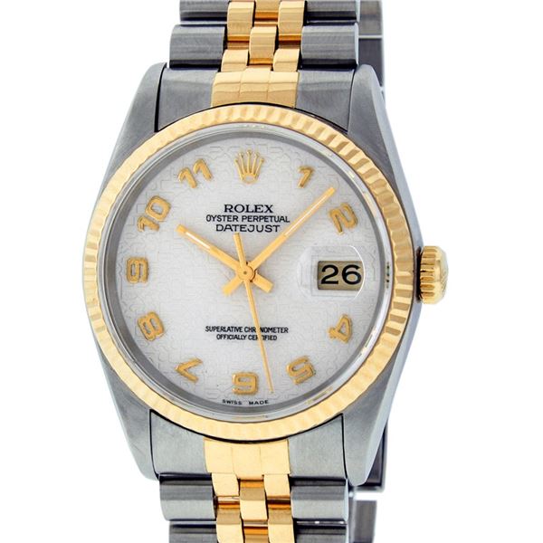 Rolex Mens Two Tone Cream Arabic Jubilee Dial Sapphire Datejust Wristwatch 36MM