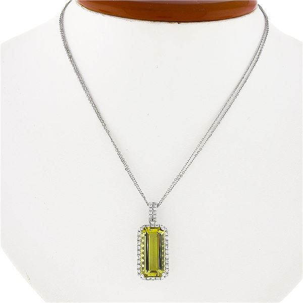 18K White Gold Rectangular Lemon Quartz Diamond Encrusted Bail Pendant Necklace