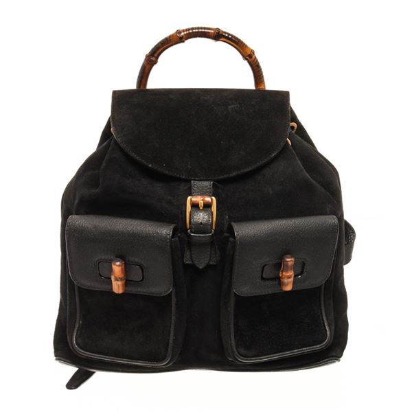 Gucci Black Suede Medium Vintage Bamboo Backpack