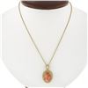 Image 1 : Vintage 14k Gold Oval Cabochon Coral Open Beaded Frame Pendant w/ Chain Necklace