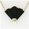 Image 2 : 14k Yellow Gold Fan Shape Carved Black Onyx Diamond Pearl Pendant On Cable Chain