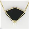 Image 4 : 14k Yellow Gold Fan Shape Carved Black Onyx Diamond Pearl Pendant On Cable Chain
