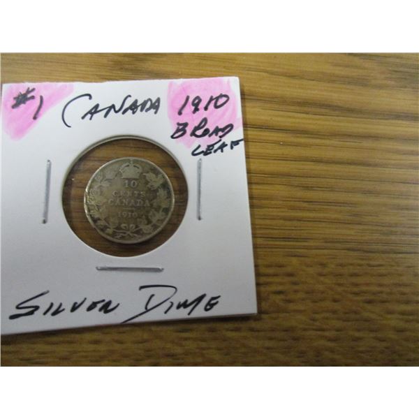 1910 BROAD LEAF CANADA KING EDWARD VII SILVER DIME