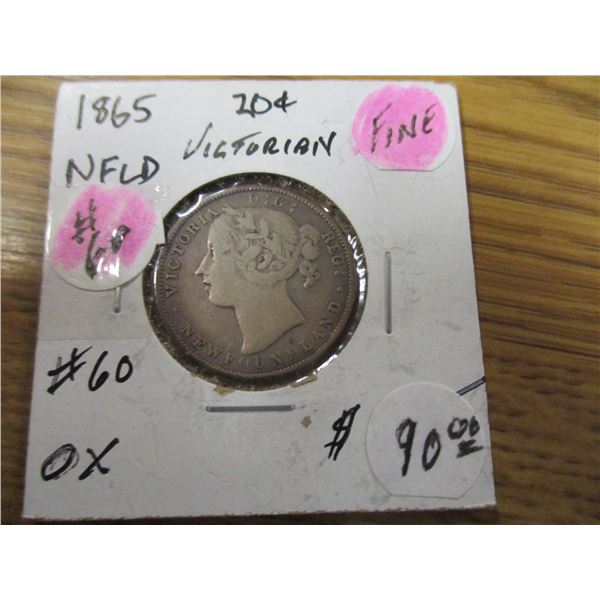 1865 VICTORIAN NEWFOUNDLAND SILVER 20 CENT COIN