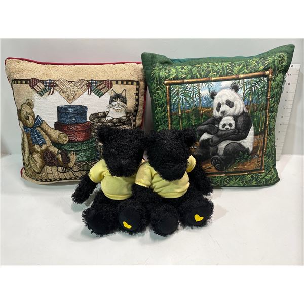 Pair of Matching Black Teddy Bears with Yellow Shirts plus Throw Pillows