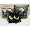 Image 1 : Pair of Matching Black Teddy Bears with Yellow Shirts plus Throw Pillows