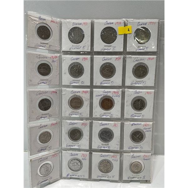 Binder Page of Canadian Nickels 1922, 1931,1933-34, 1937-43 1946, 1949-53, 1955 & 1967