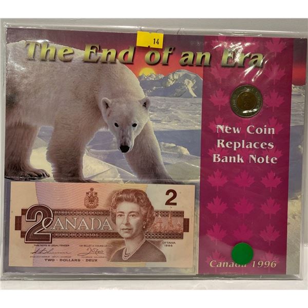 1996 Canadian $2 Banknote and Coin "End of An Era" Set