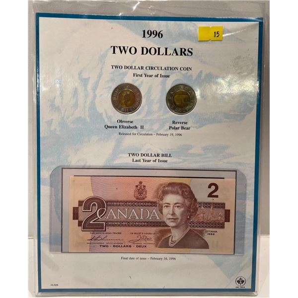 1996 Canadian $2 Banknote and Coins Set