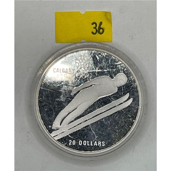 1988 Canadian $20 Calgary Olympic Proof Coin 1 Troy Ounce Silver - Ski-Jumping