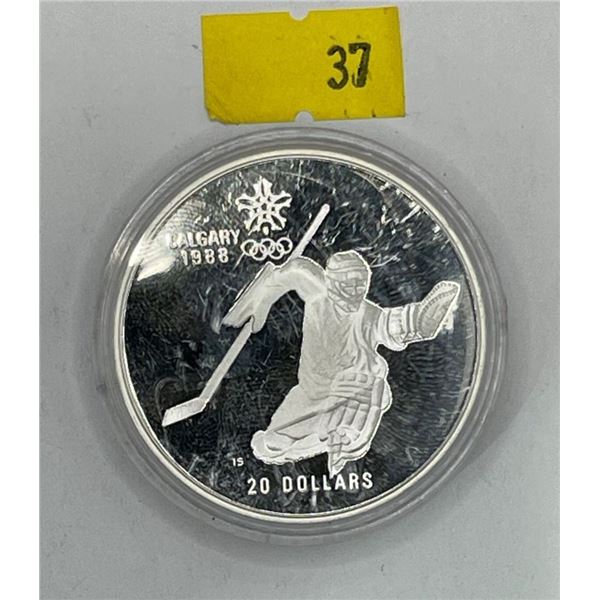1988 Canadian $20 Calgary Olympic Proof Coin 1 Troy Ounce Silver - Hockey
