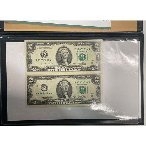 2003 US $2 Bills SN K947853294A & K97859294A with Folder and COO (bills have been cut)