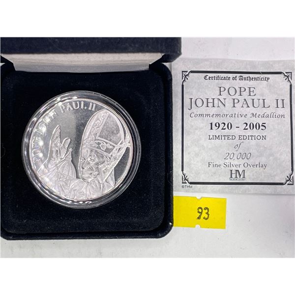 2005 Pope John Paul Commemorative Medallion Fine Silver Overlay