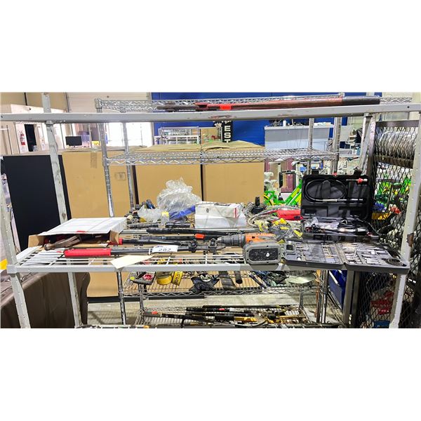 SHELF LOT OF ASSORTED TOOLS, INCLUDING RIDGID DRILL, PLYERS, HAMMER, DRILL BITS, & MORE