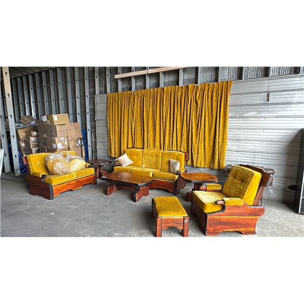 LIVING ROOM FURNITURE, INCLUDING: SOFA, LOVE SEAT, FOOR STOOL, CHAIR, COFFEE TABLE, TIDE TABLE, &