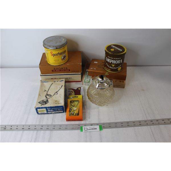 Cigar Boxes, Collector Tobacco Tins, Key Chain Laser, Oil Lamp Base, etc.