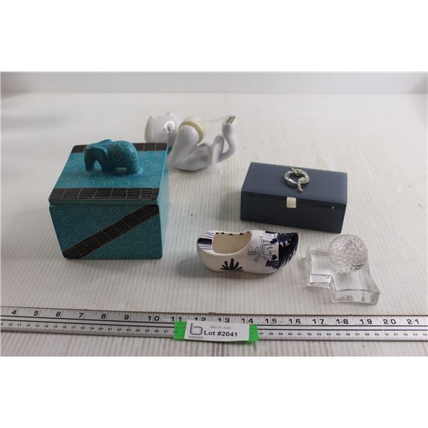 (2) Jewelry Boxes, Cat Tape Dispenser, (2) Decorations