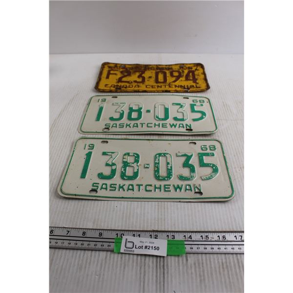 Saskatchewan 1967 License Plate, Pair of Saskatchewan 1968 License Plates