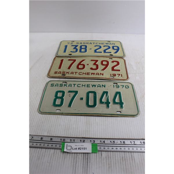 (3) Saskatchewan License Plates - 1970, 1971, 1972