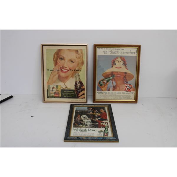 (2) Framed 7Up Posters, (1) Framed Coke Poster