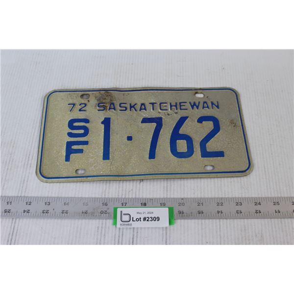 (1) 1972 Saskatchewan License Plate "SF"