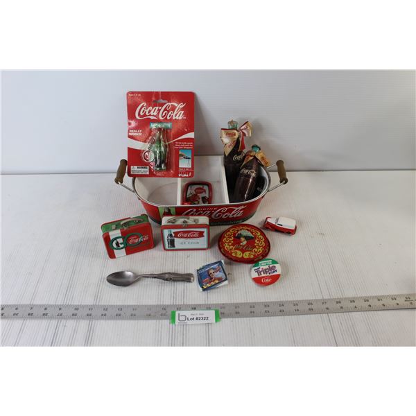 Coca-Cola Merchandise - Coasters, Key Chains, Tins, Carrying Basket, etc.