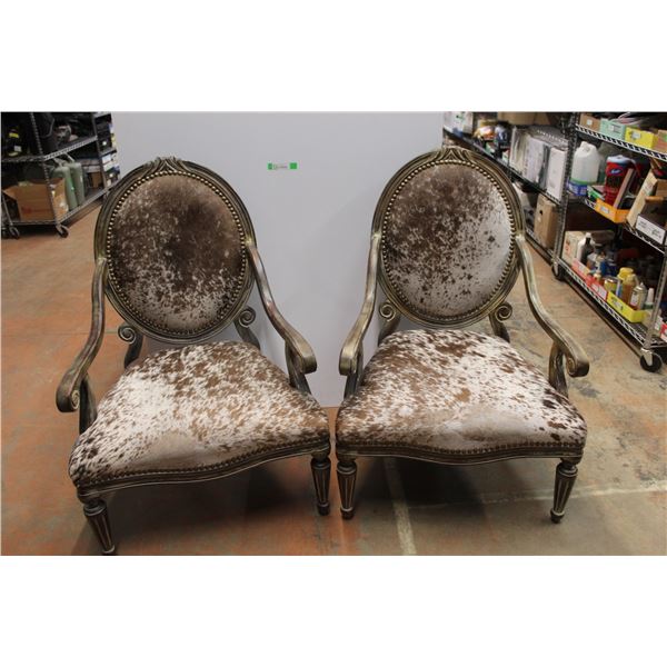 * (2 Times Bid Price) (2) Decorative Cowhide Chairs With Arms - Some Wear